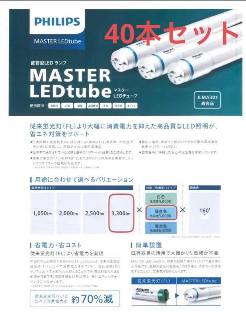 フィリップス直管型LEDランプ40型高輝度3300lm昼白色28本