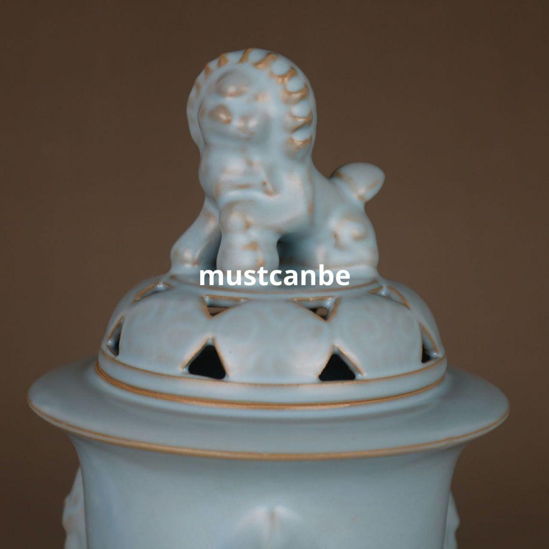 汝窯天青釉三足香薫炉 陶磁薫香炉 香道具 装飾品 現代工芸品 置物