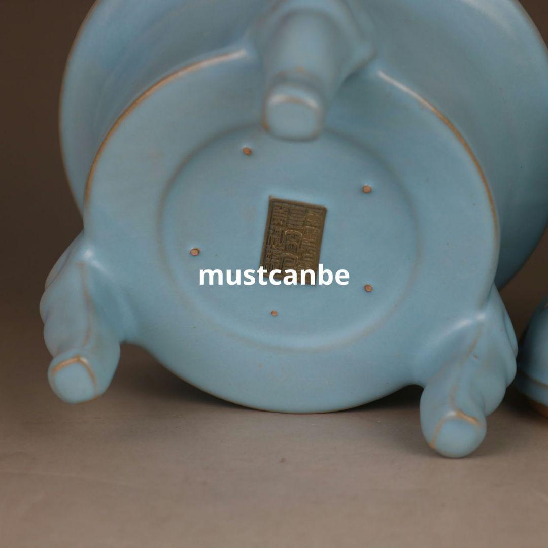 汝窯天青釉三足香薫炉 陶磁薫香炉 香道具 装飾品 現代工芸品 置物