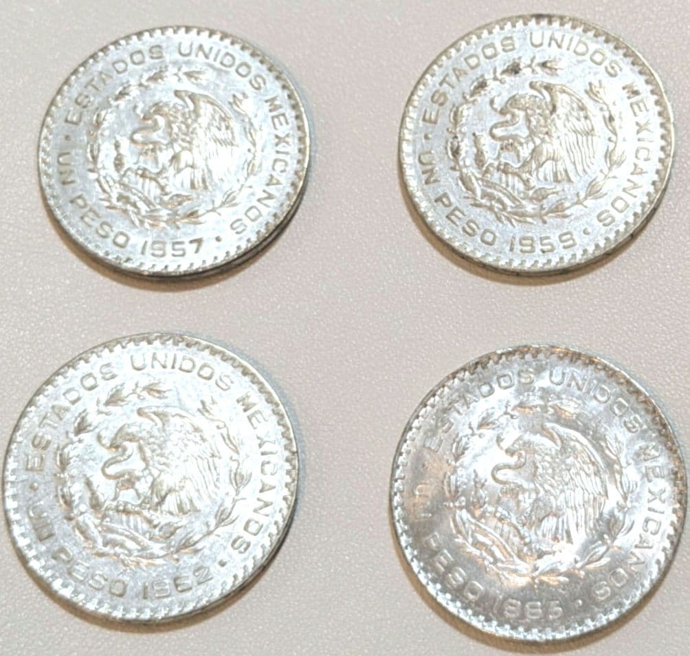 【 銀貨 】メキシコ1ペソ 4枚（1957〜1963 ）大型銀貨