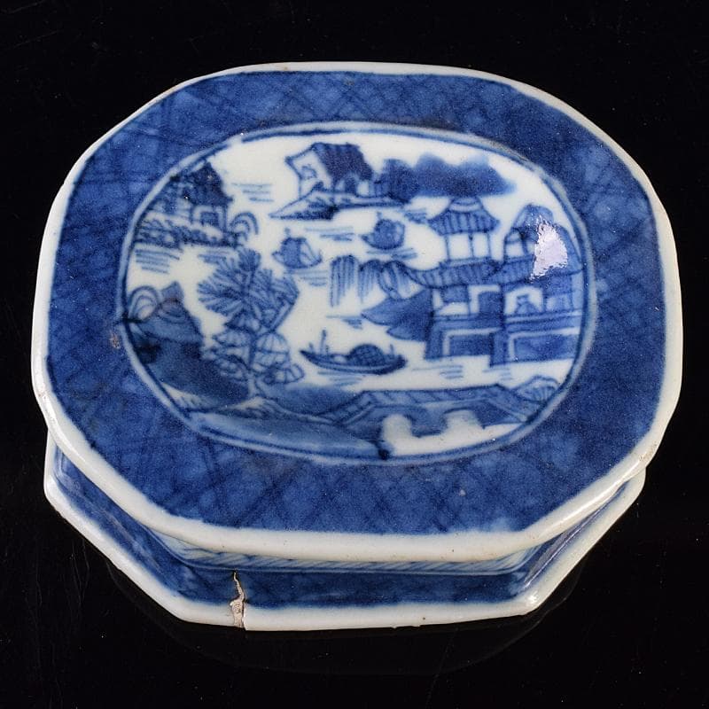 中国　青花　山水文　八角水孟　筆洗　V　R7988