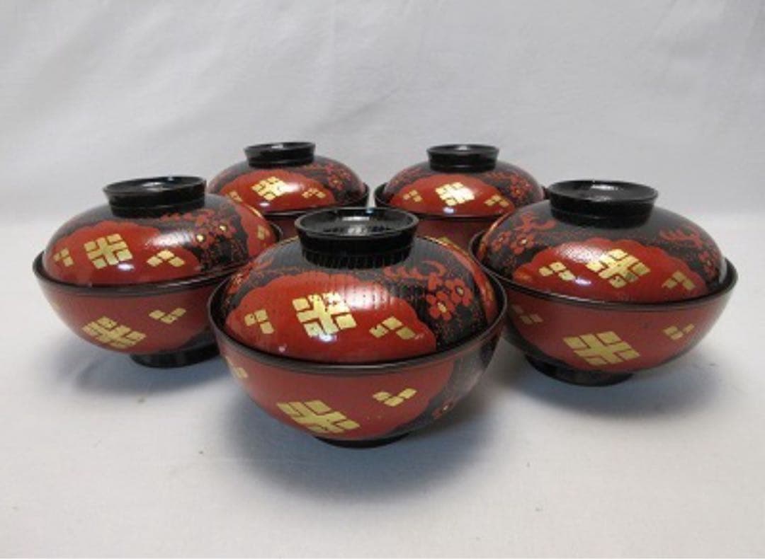 美品 懐石道具 木製 正法寺蒔絵 煮物椀 5客揃 内黒 おしゃれ 和食器