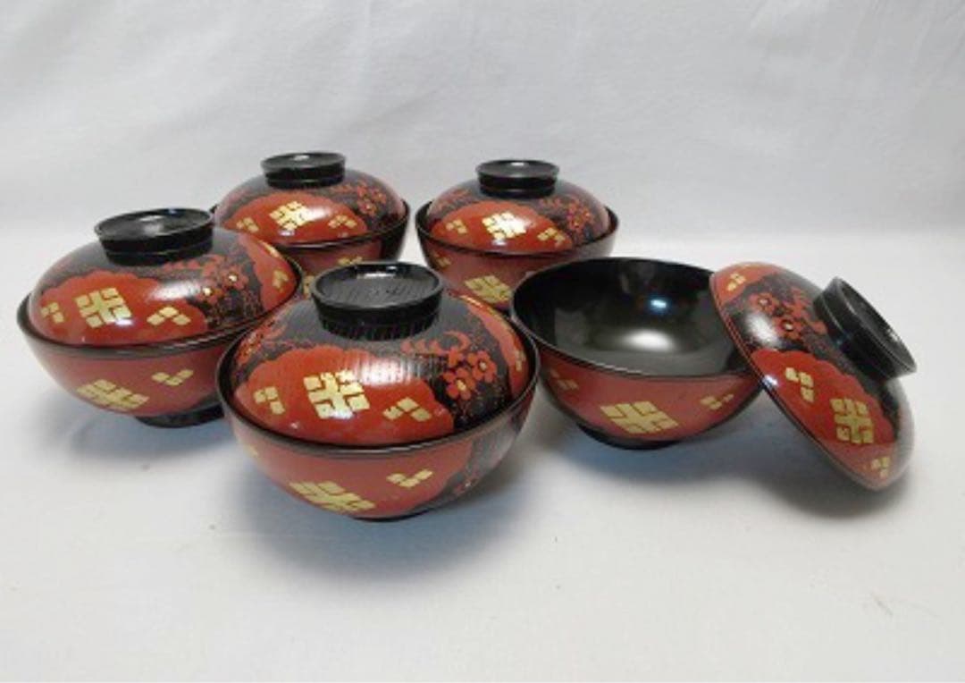 美品 懐石道具 木製 正法寺蒔絵 煮物椀 5客揃 内黒 おしゃれ 和食器