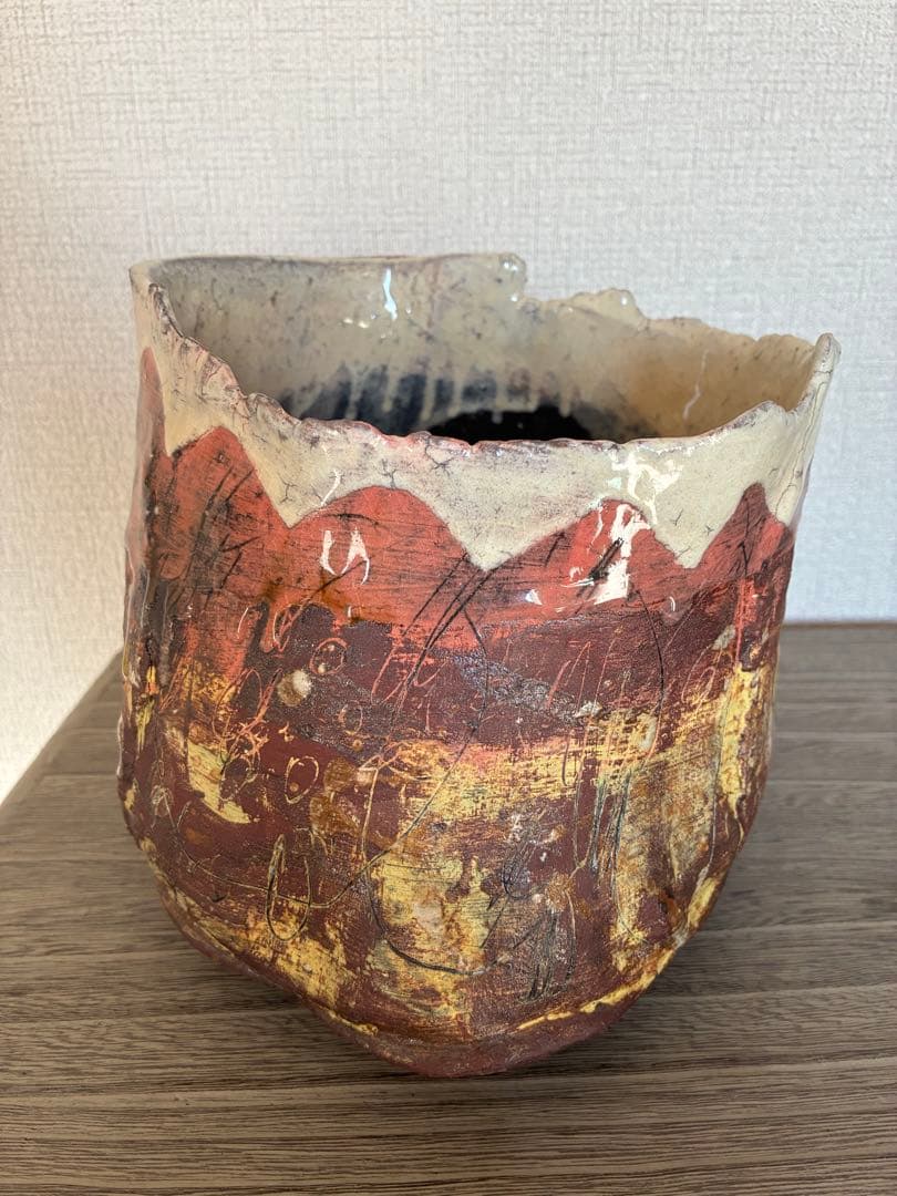 大川和宏　陶器 花瓶 赤富士　花器　フラワーベース　作家もの　作家物　SEA