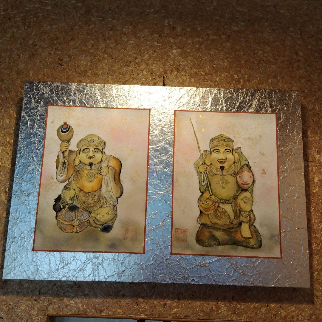 恵比寿　大黒の水彩画 　パネル額