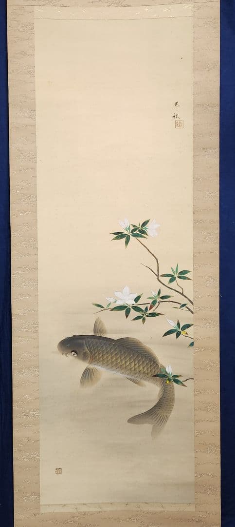 【遊鯉図】佐野光穂 2639 コイ 掛け軸　肉筆