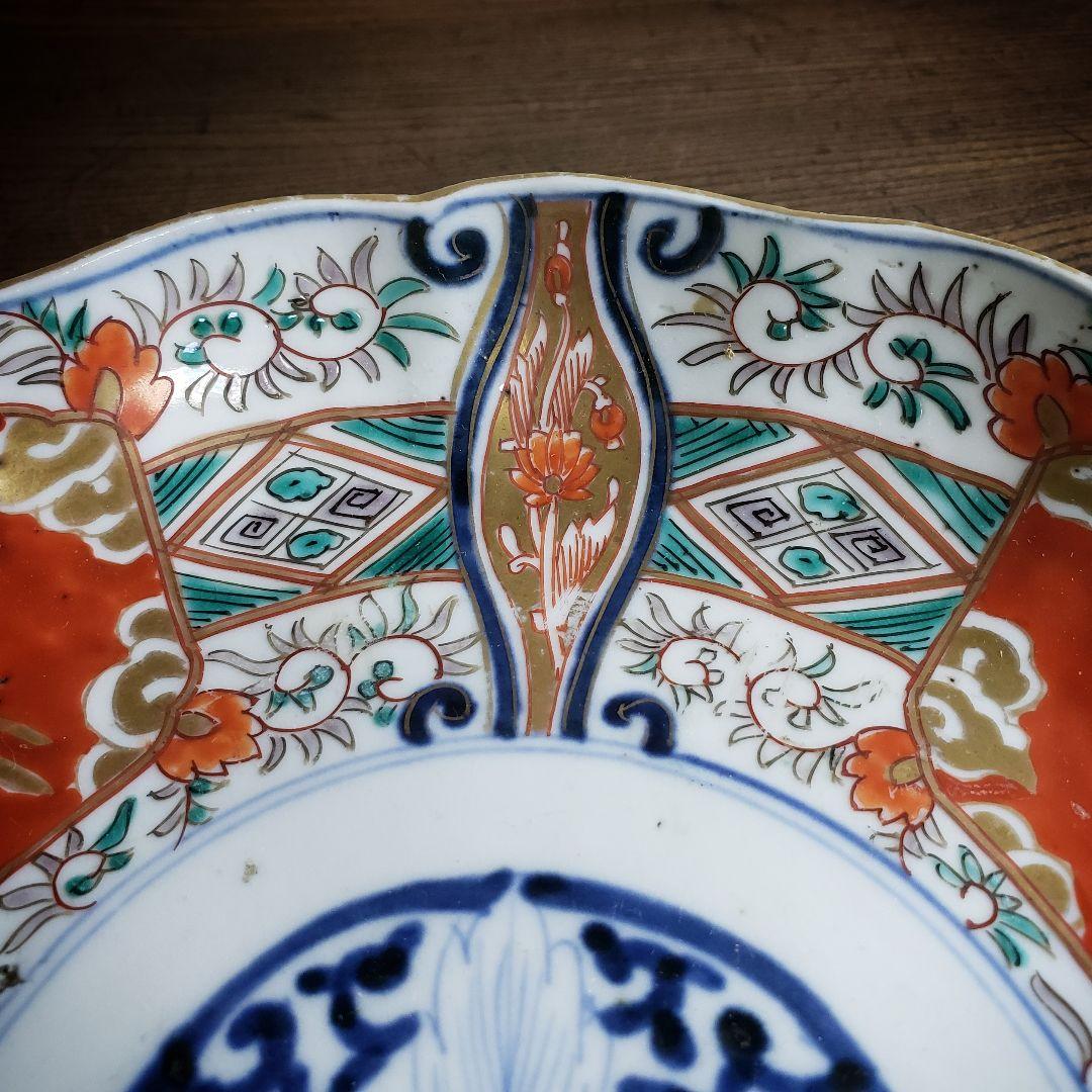 大皿　古伊万里　色絵付け　鳳凰　江戸　金継ぎ　漆直し　唐花草　7寸皿