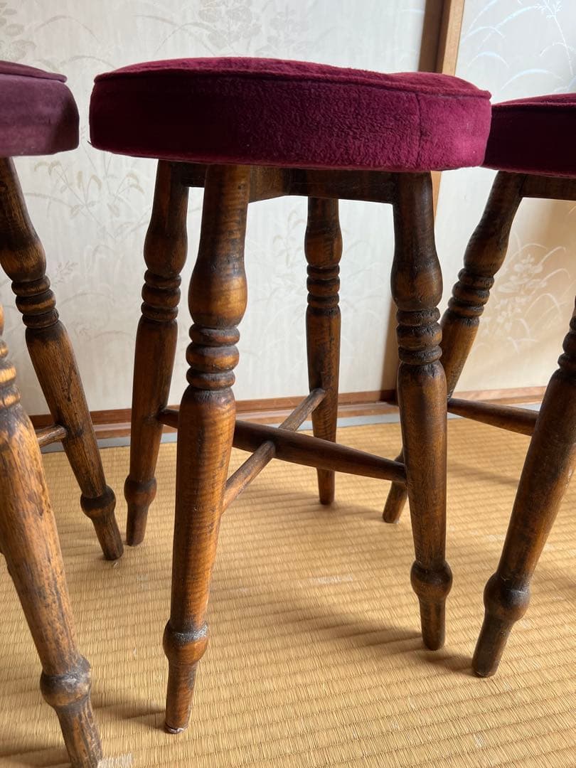 old maison アンティークチェア　スツール　丸椅子　木製＋布貼り　3脚