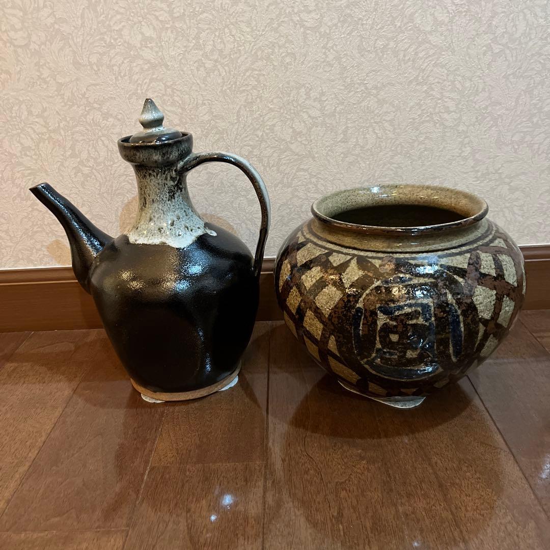 手作り陶器ポットと花瓶セット