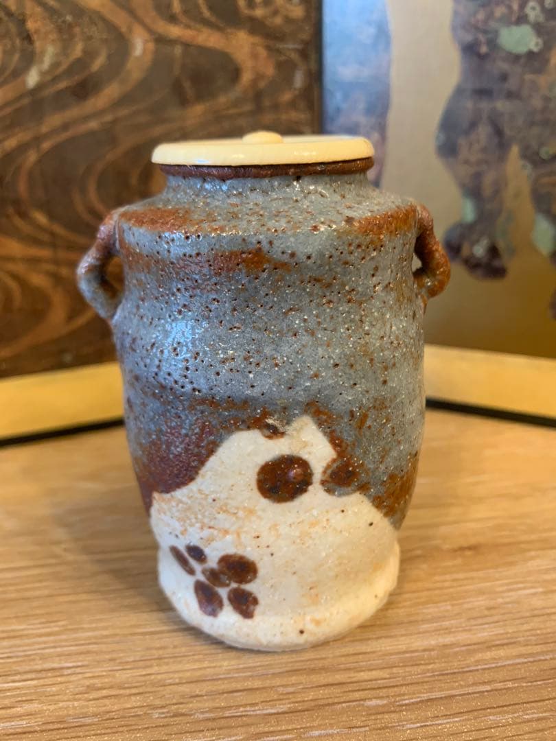 志野焼  桃山窯  林英仁作  茶入 仕覆 共箱   17