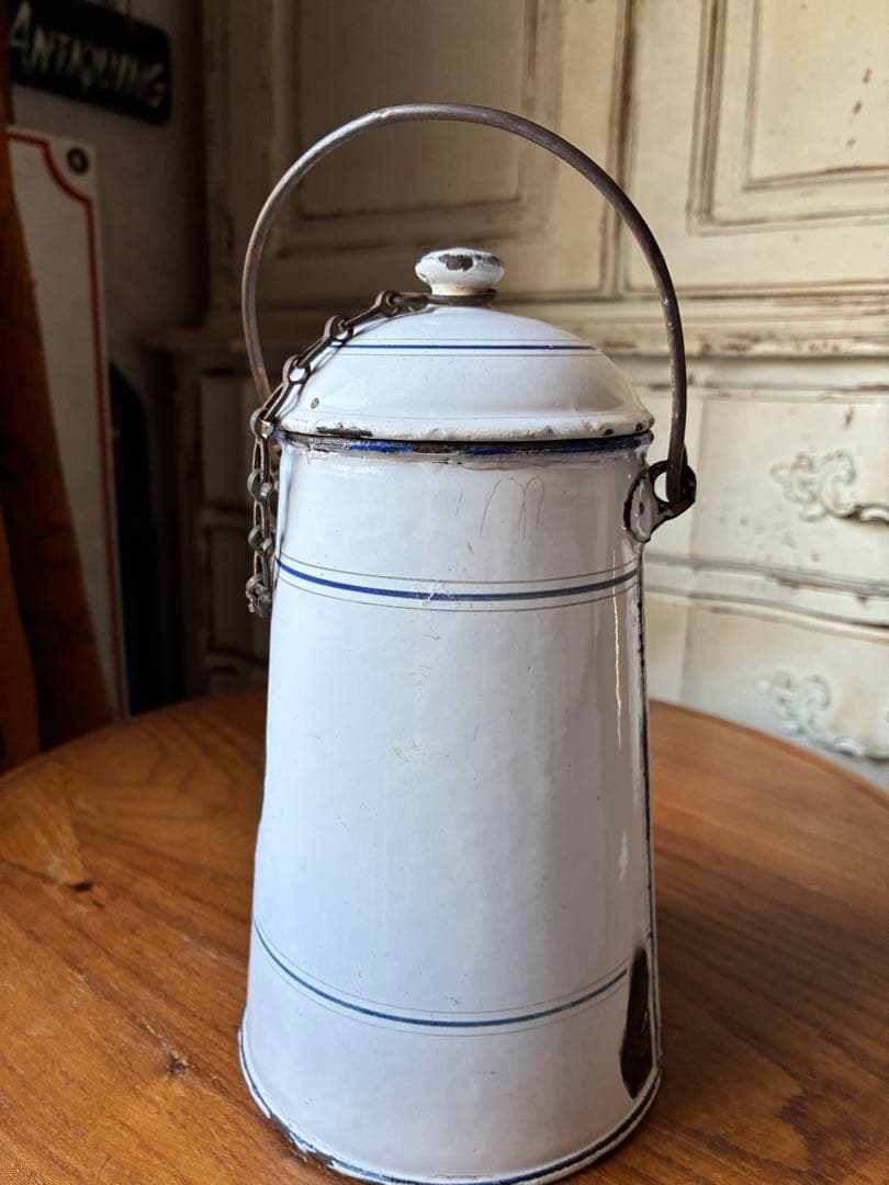 フランス　アンティーク ホーロー ミルク　ポット　キャリー 缶ホワイト　シャビー