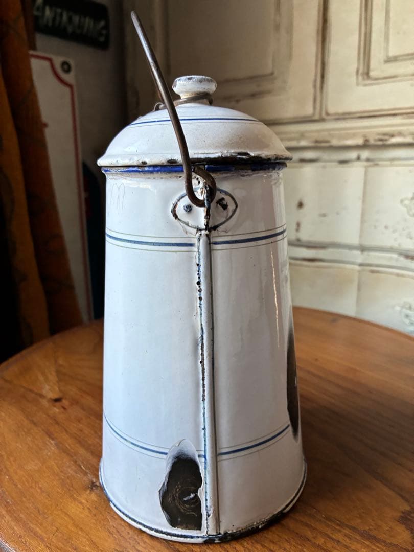 フランス　アンティーク ホーロー ミルク　ポット　キャリー 缶ホワイト　シャビー