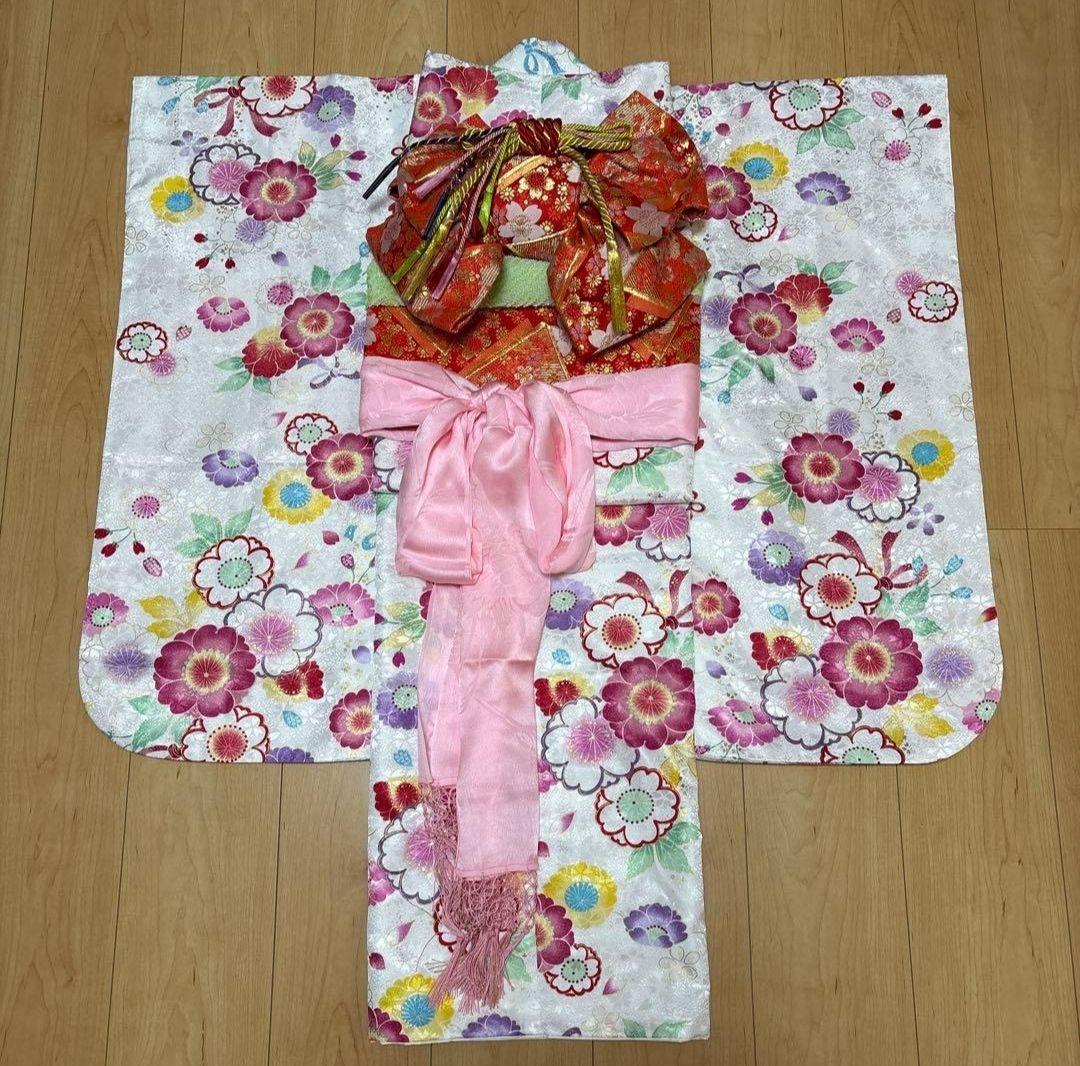 7歳 七五三着物セット　和装小物　結び帯　白着物　桜　七五三　着物