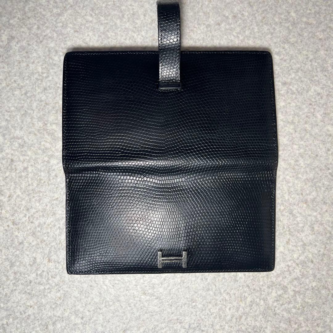 【希少】 HERMES べアンスフレリザード2つ折り長財布シルバー金具ブラック