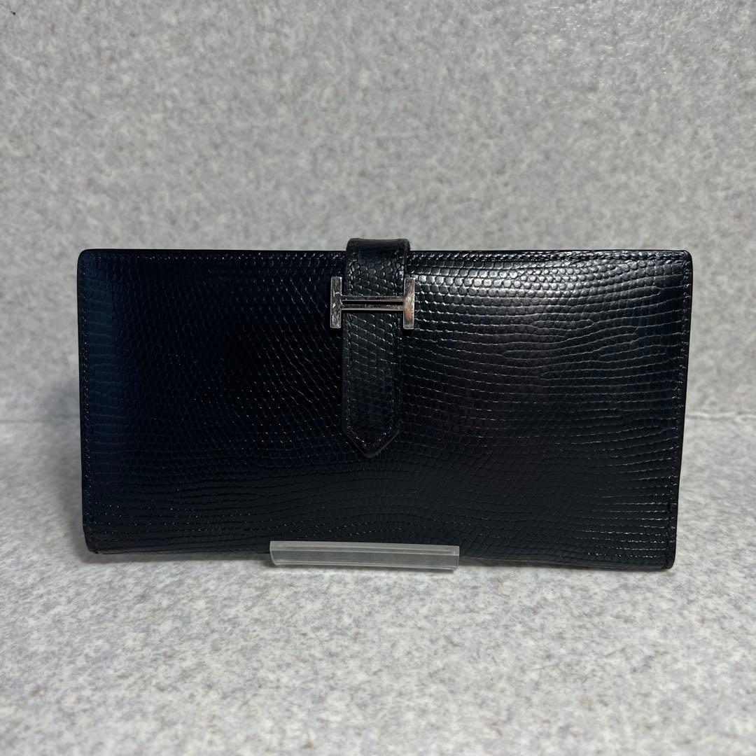 【希少】 HERMES べアンスフレリザード2つ折り長財布シルバー金具ブラック