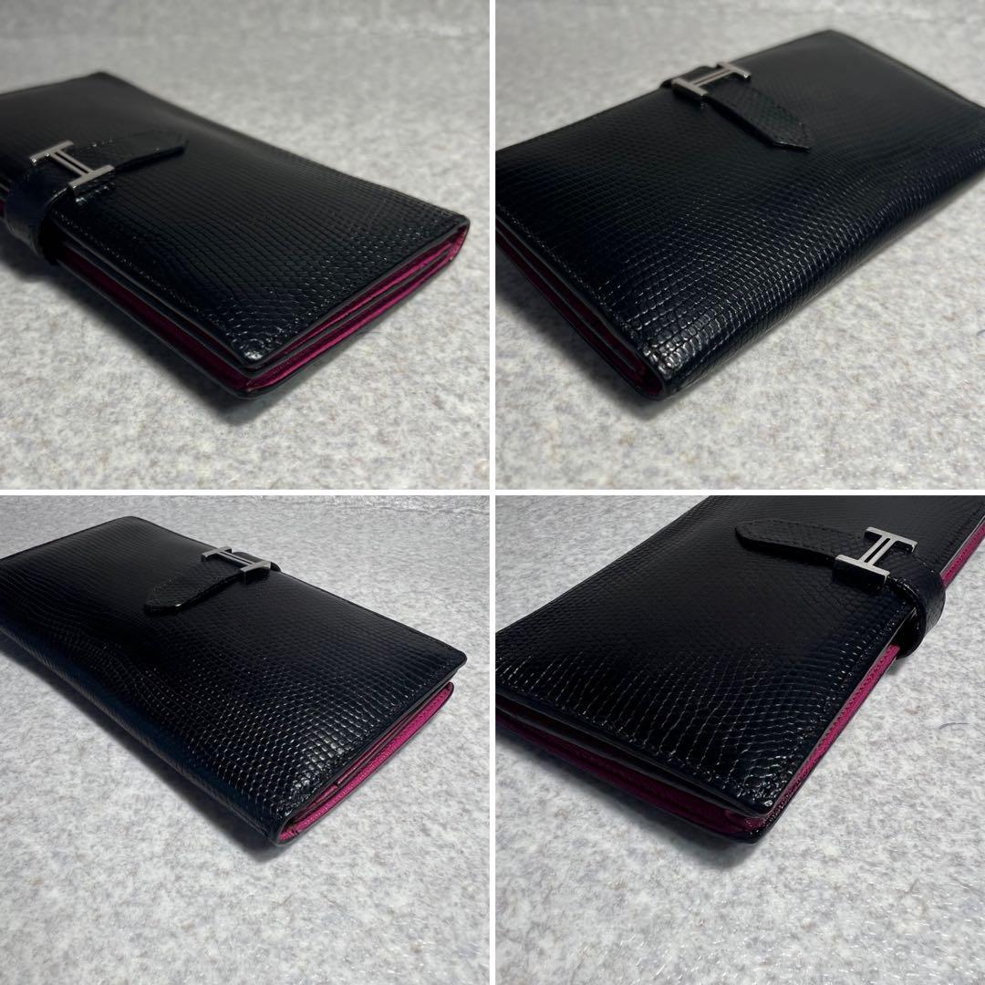 【希少】 HERMES べアンスフレリザード2つ折り長財布シルバー金具ブラック