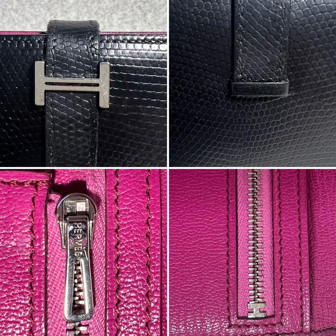 【希少】 HERMES べアンスフレリザード2つ折り長財布シルバー金具ブラック