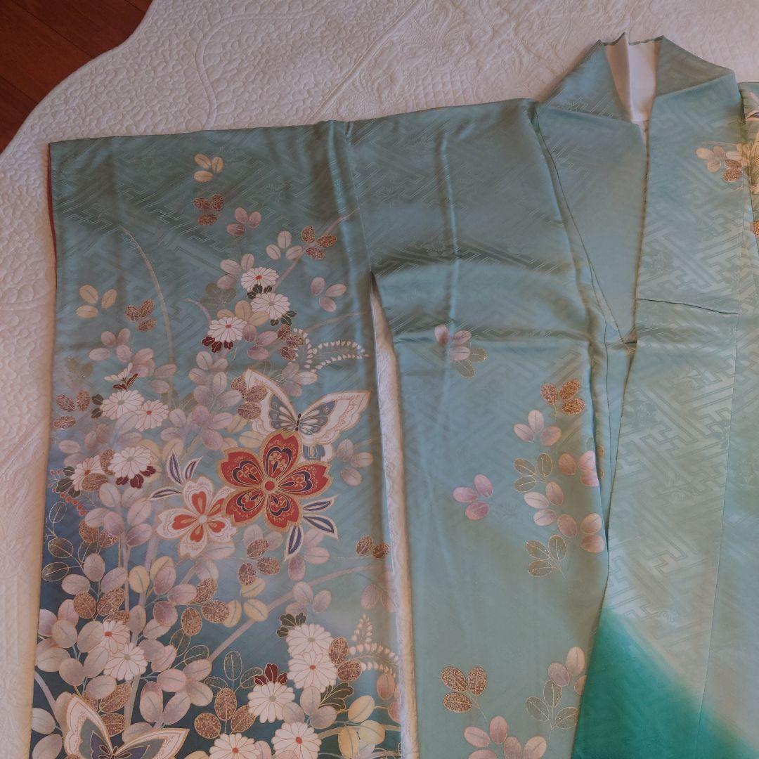 青緑色 花柄 振袖 絹製