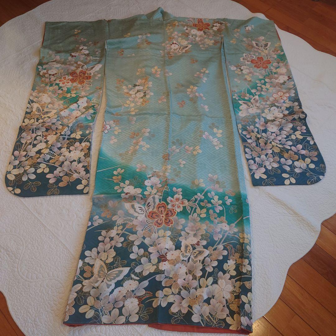青緑色 花柄 振袖 絹製
