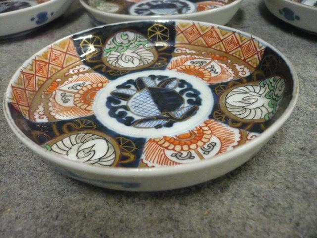 伊万里焼色絵丸文に鶴図4寸手塩皿 7枚 [B31602]