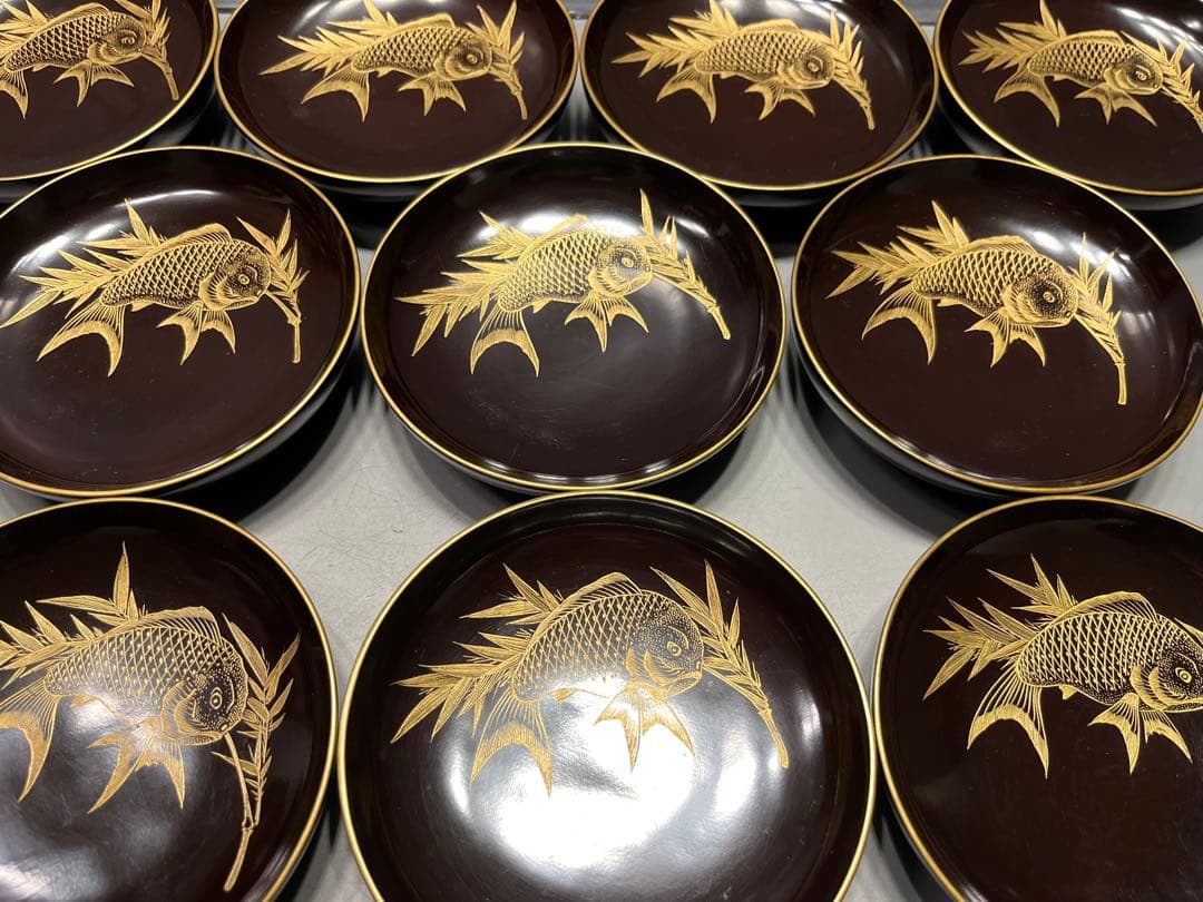 時代　沈金蒔絵　鯛の図　木皿　十枚　木製