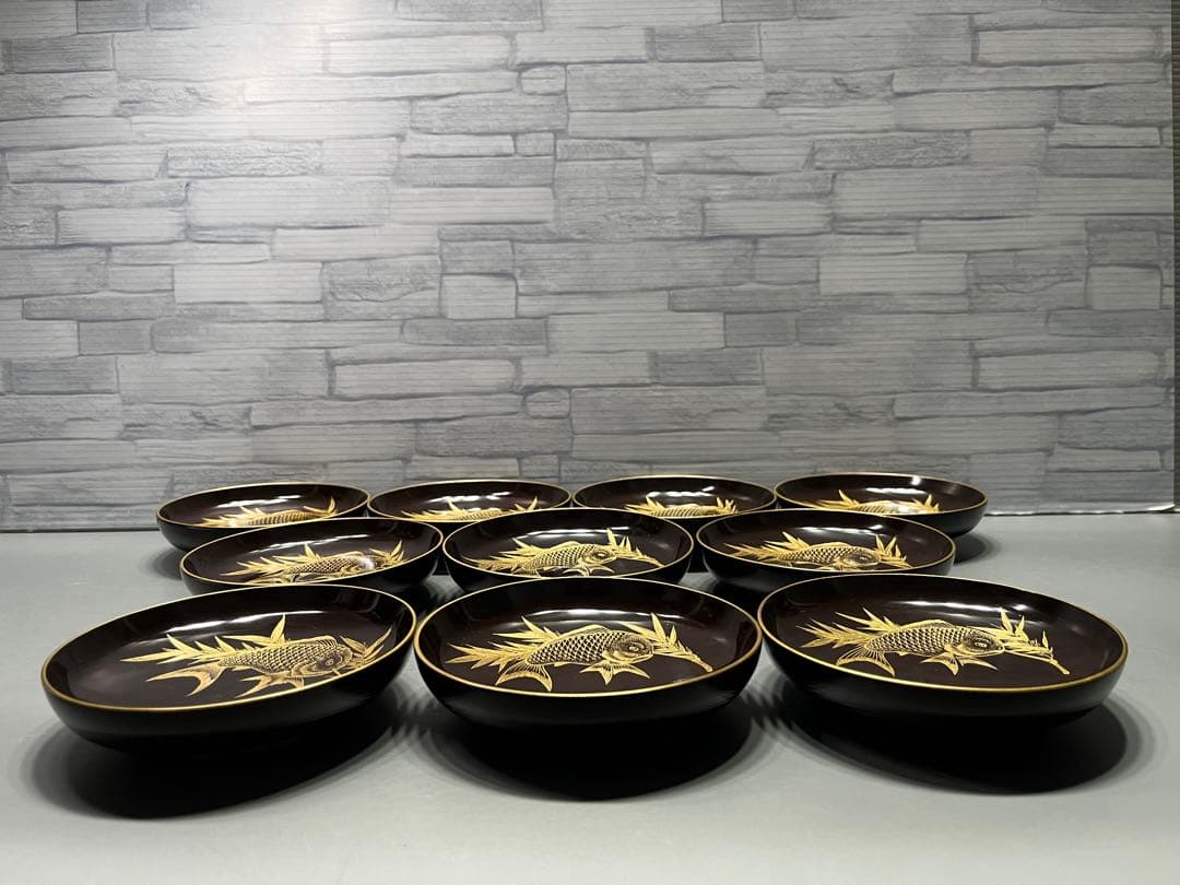 時代　沈金蒔絵　鯛の図　木皿　十枚　木製