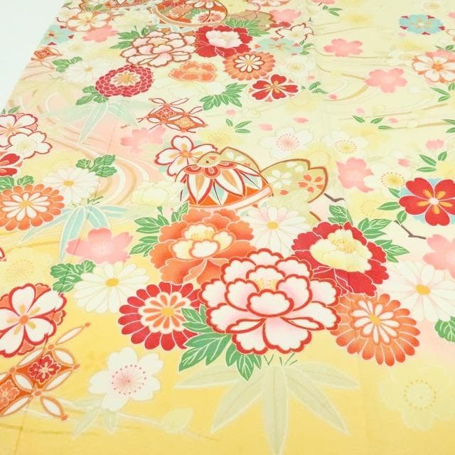 Y2761◇美品 正絹 毬 桜 成人式 振袖 着物