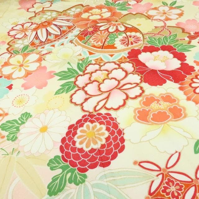 Y2761◇美品 正絹 毬 桜 成人式 振袖 着物