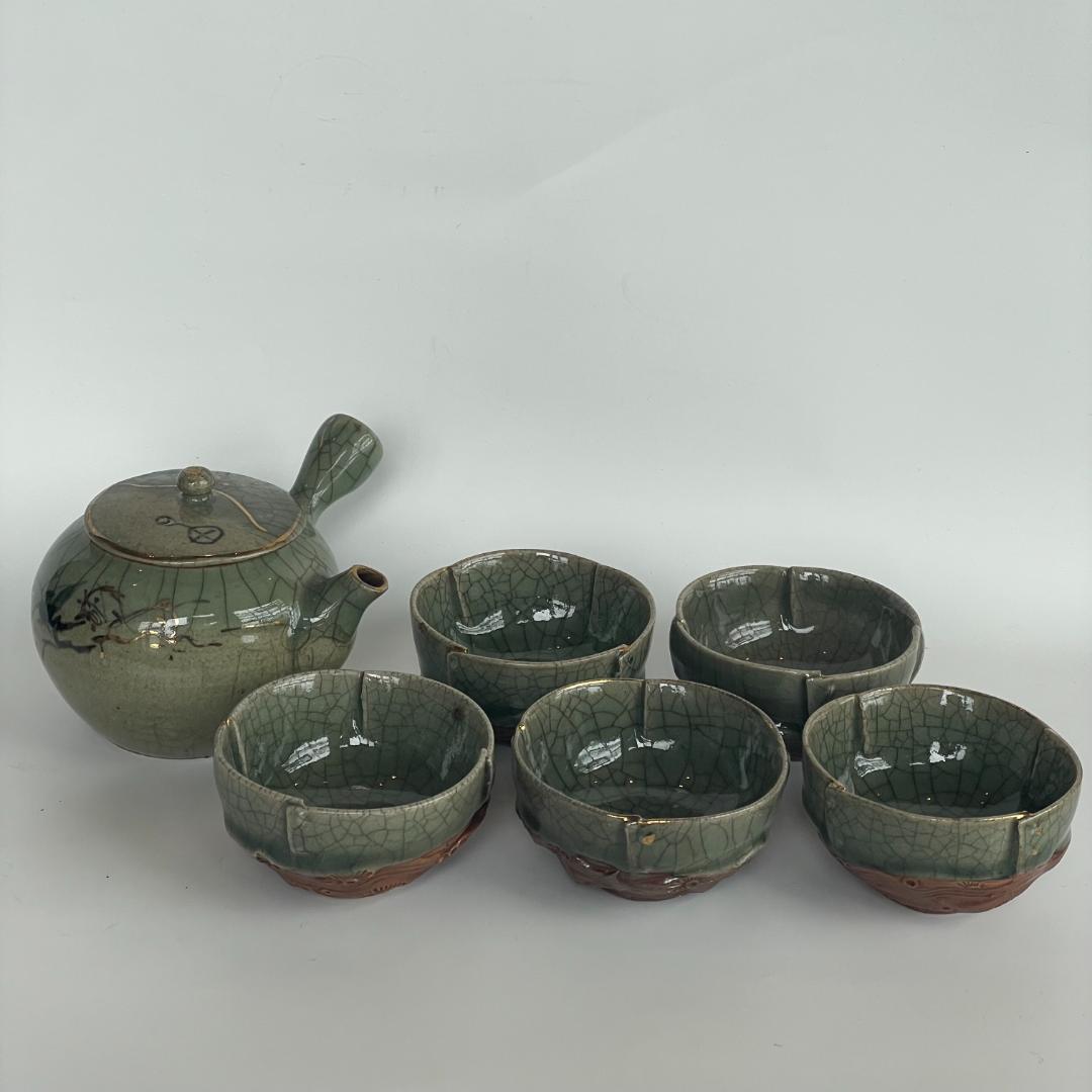 希少 骨董 時代物 大堀 相馬焼 急須 湯のみ 湯呑 湯飲 5客揃 金彩 美品