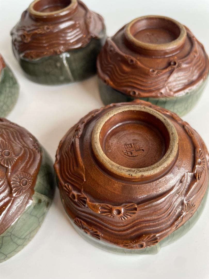 希少 骨董 時代物 大堀 相馬焼 急須 湯のみ 湯呑 湯飲 5客揃 金彩 美品