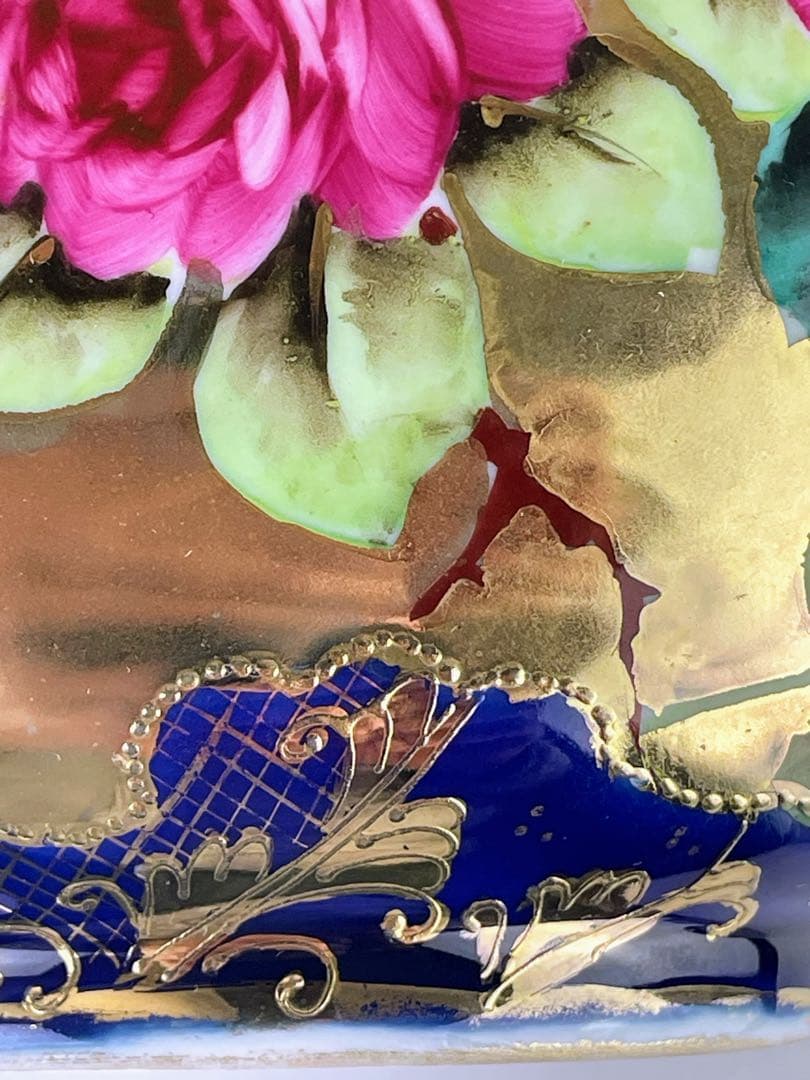 【美品】オールドノリタケ コバルト地 金盛り 薔薇紋 花瓶 メープルリーフ