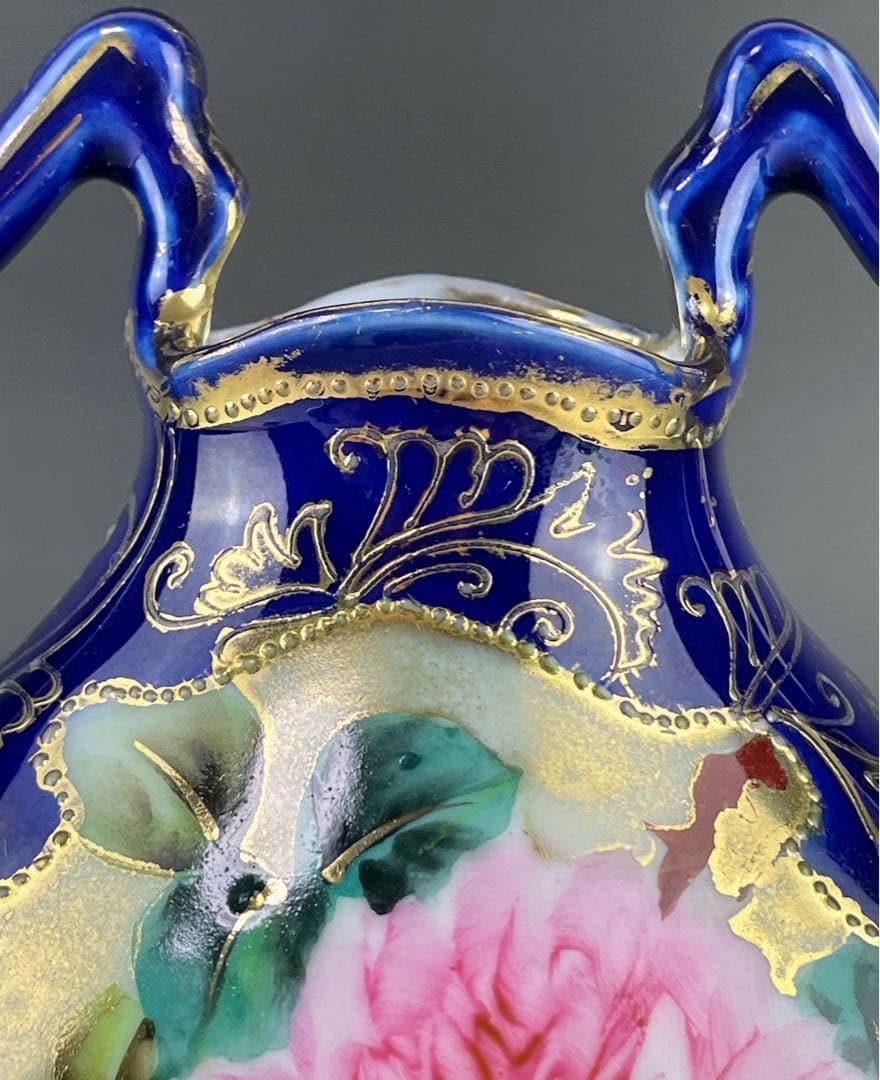 【美品】オールドノリタケ コバルト地 金盛り 薔薇紋 花瓶 メープルリーフ