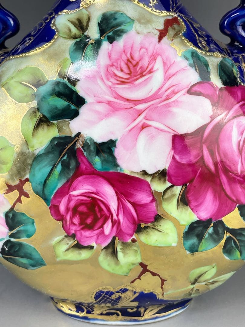 【美品】オールドノリタケ コバルト地 金盛り 薔薇紋 花瓶 メープルリーフ