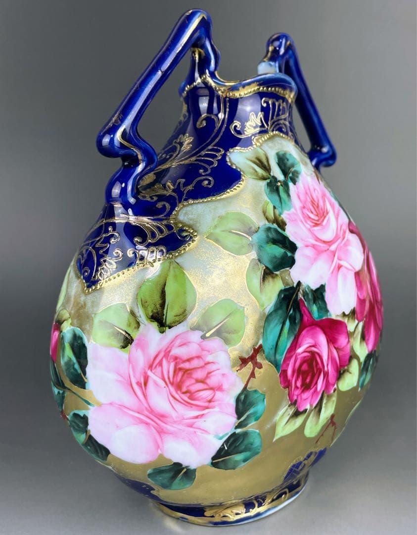 【美品】オールドノリタケ コバルト地 金盛り 薔薇紋 花瓶 メープルリーフ