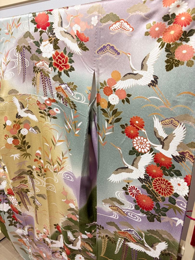 B5 鶴に季節の花々 金彩 正絹 袷 振袖 着物 成人式 K15