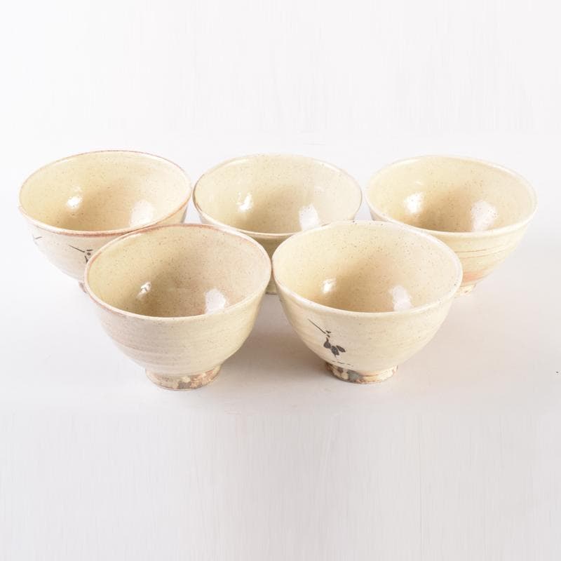 茶道具　志野焼　絵志野　西山窯　数茶碗　五客　合わせ箱　V　7016A