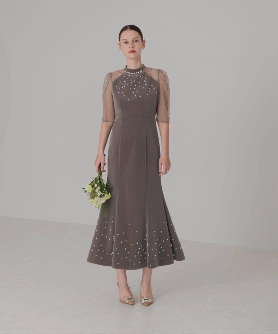Leja シアースリーブパールビジューベロアマーメイドドレスワンピース グレー