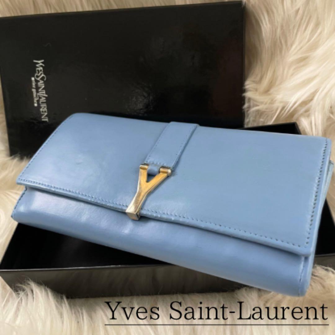 イブサンローラン YSL 二つ折り 財布 ブルー 青 ゴールド