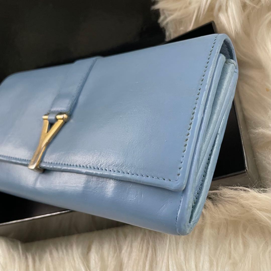 イブサンローラン YSL 二つ折り 財布 ブルー 青 ゴールド