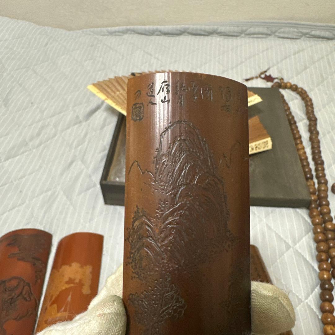 中国 日本時代物白檀念珠紫檀香筒竹彫 詩文 人物 山水 茶道具アンティークまとめ