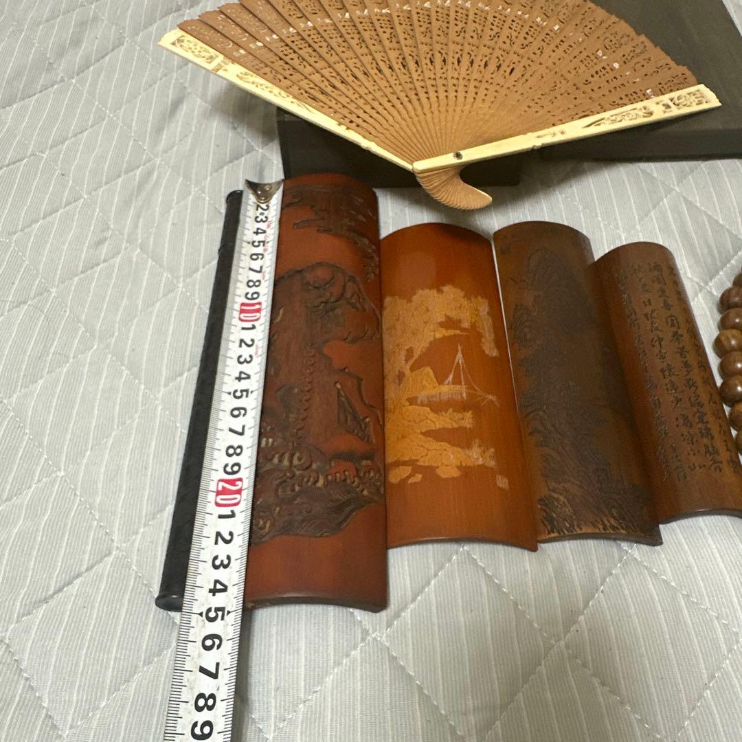 中国 日本時代物白檀念珠紫檀香筒竹彫 詩文 人物 山水 茶道具アンティークまとめ