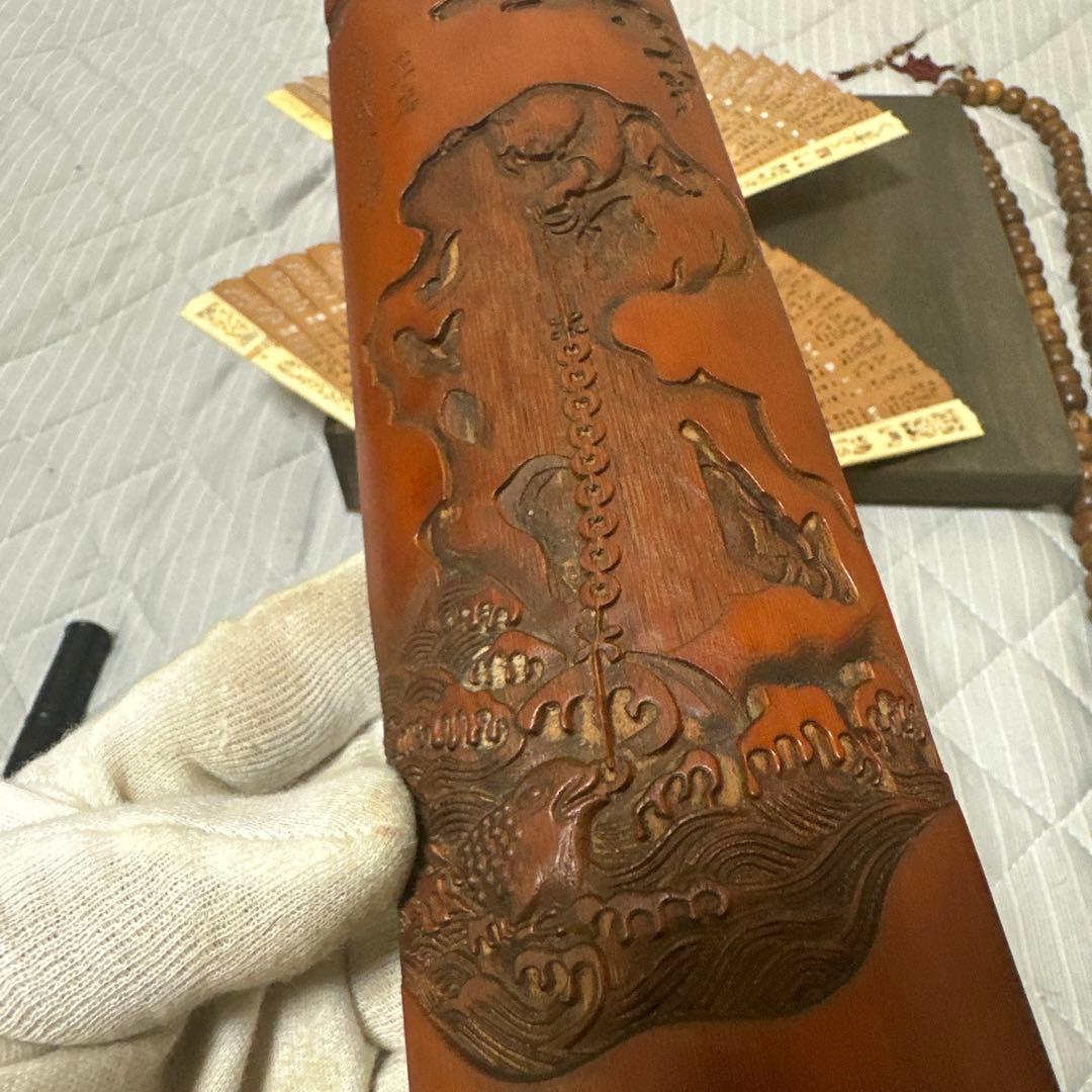 中国 日本時代物白檀念珠紫檀香筒竹彫 詩文 人物 山水 茶道具アンティークまとめ