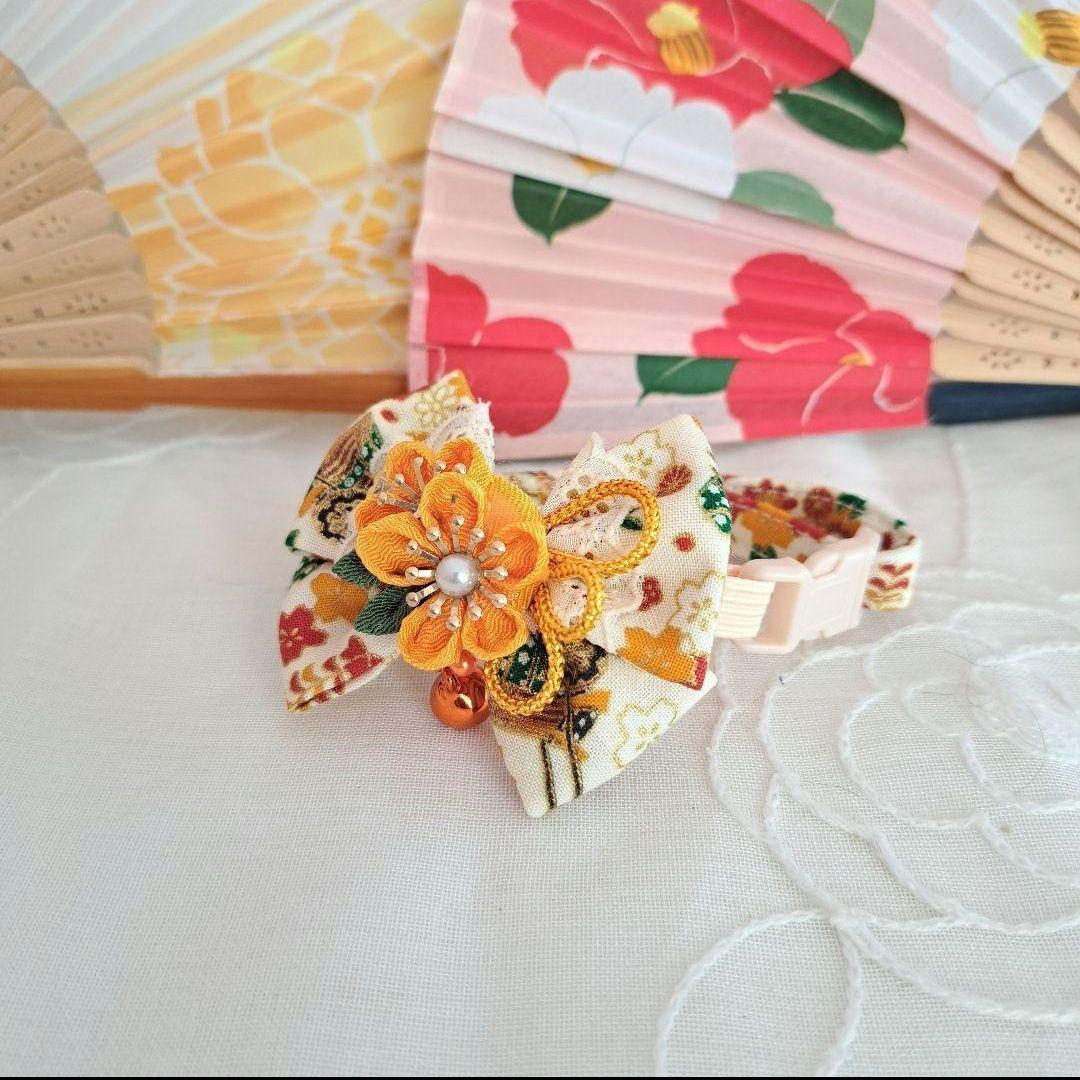 プッチ、和風つまみ細工(水色)わんちゃん猫ちゃん用襟付き首輪