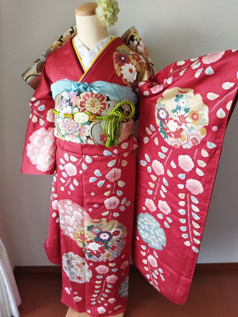 436.高級！！手仕事の花絞りと雪輪　振袖5点セット　正絹　フルセット　成人式