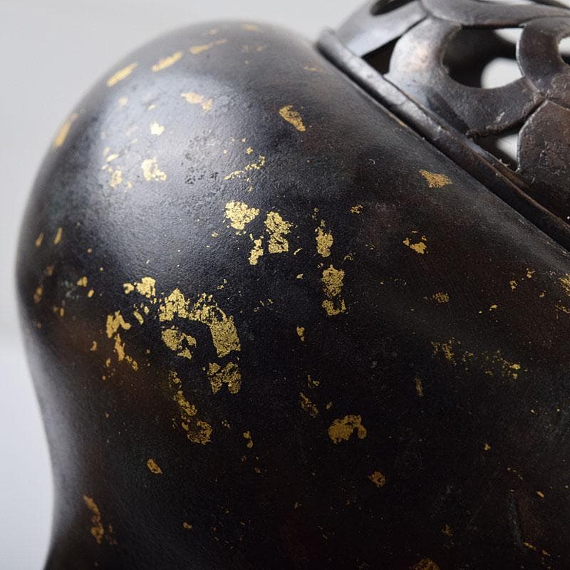 中国　古銅宣徳銅　灑金　三足香炉　火屋付　Y　R9437