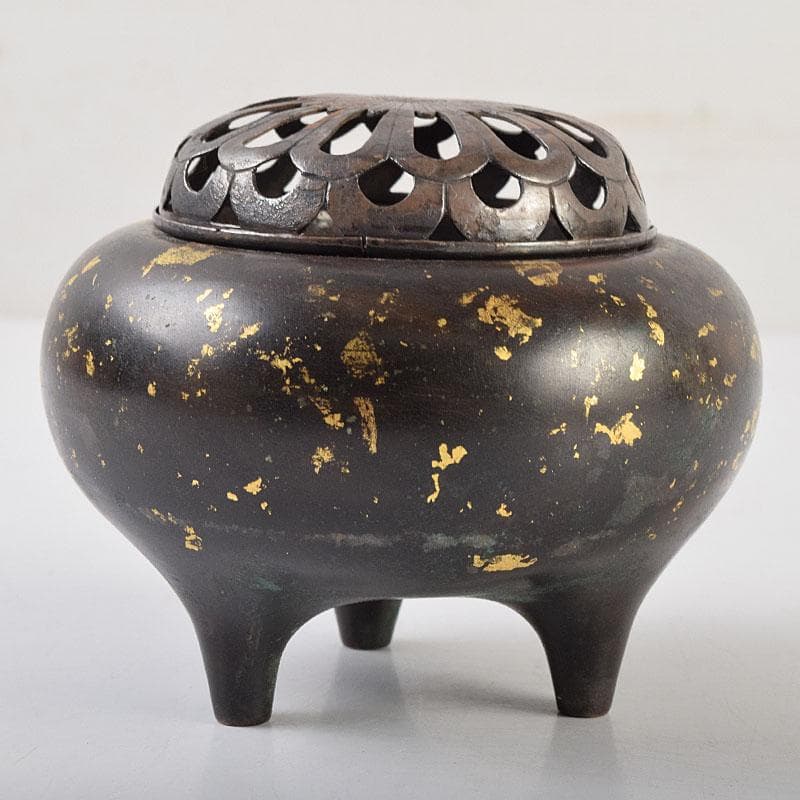 中国　古銅宣徳銅　灑金　三足香炉　火屋付　Y　R9437