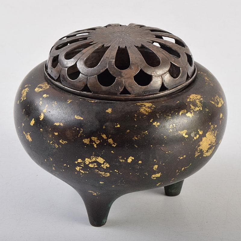 中国　古銅宣徳銅　灑金　三足香炉　火屋付　Y　R9437