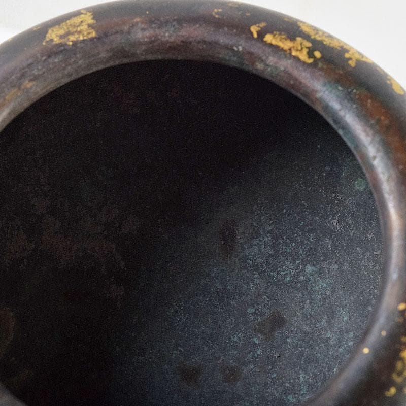 中国　古銅宣徳銅　灑金　三足香炉　火屋付　Y　R9437