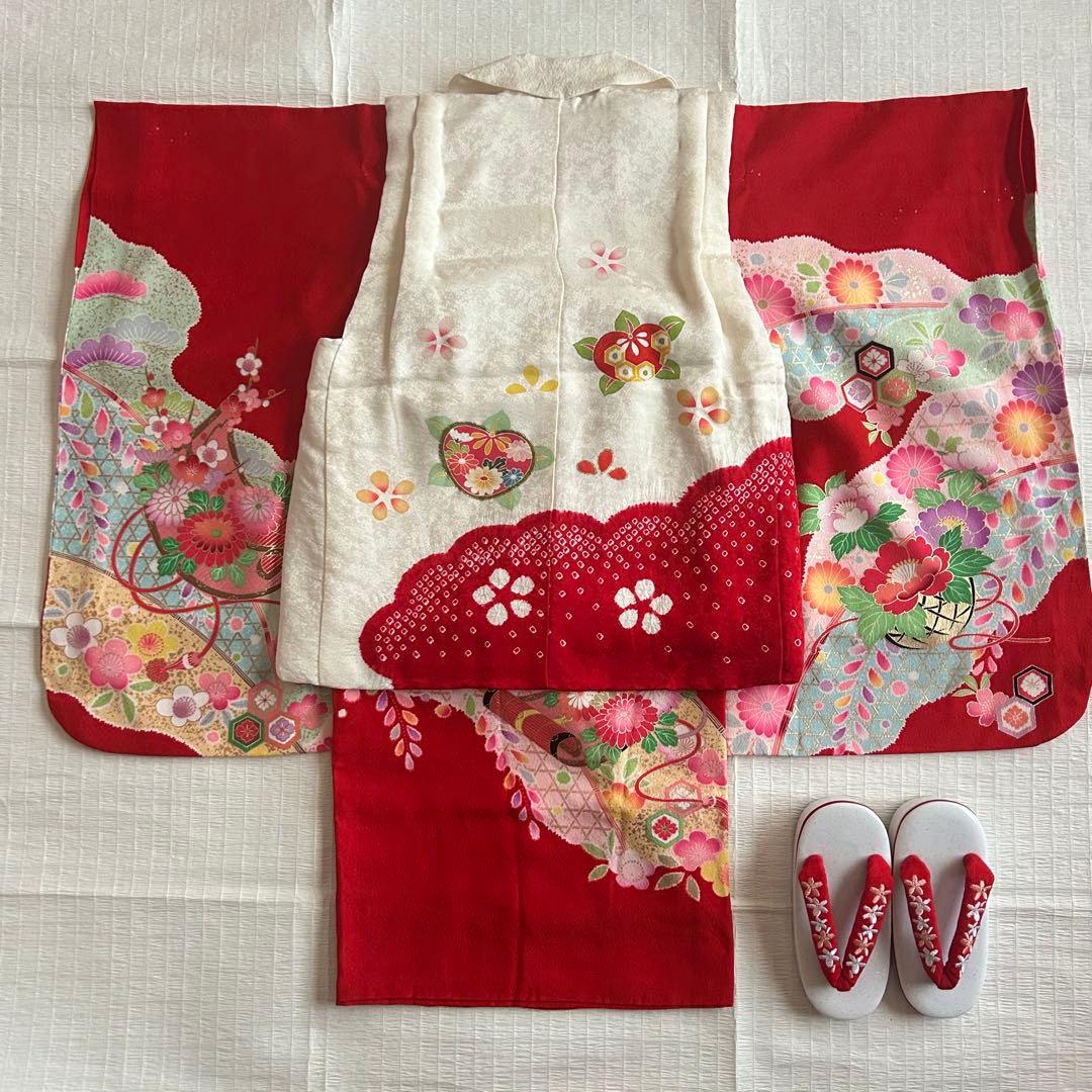 七五三 3歳 絞り 被布 着物 絹 三歳 赤 草履 753 女の子 子供着物 白