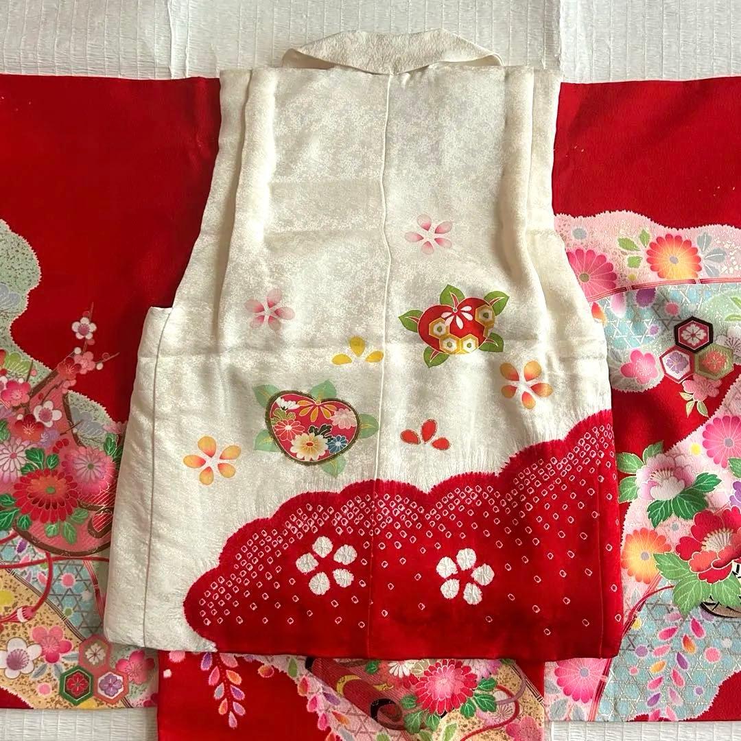 七五三 3歳 絞り 被布 着物 絹 三歳 赤 草履 753 女の子 子供着物 白